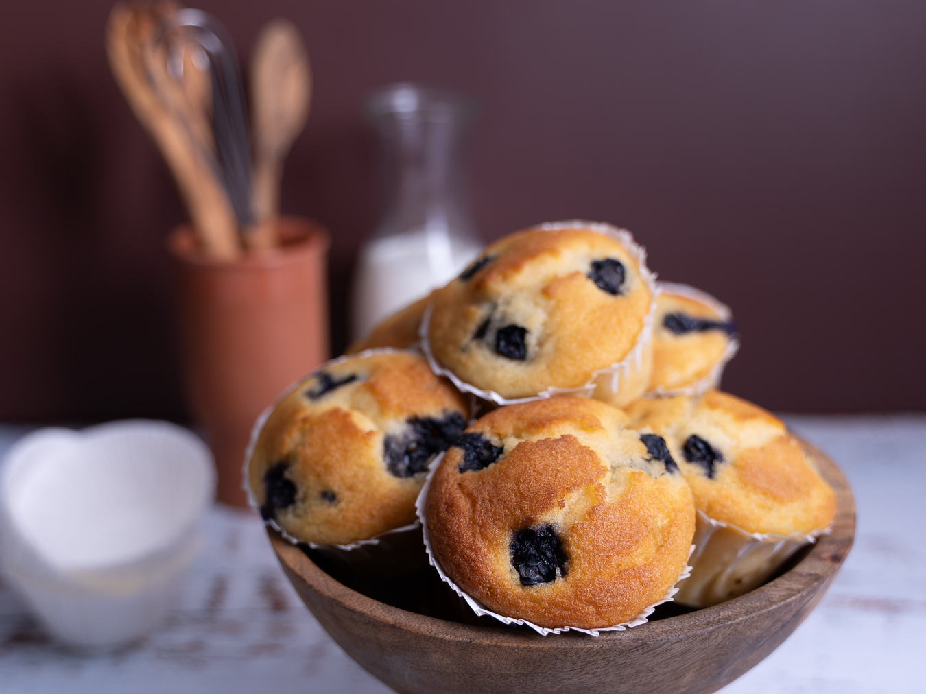 Muffins in wooden bowl — Bakery Notes