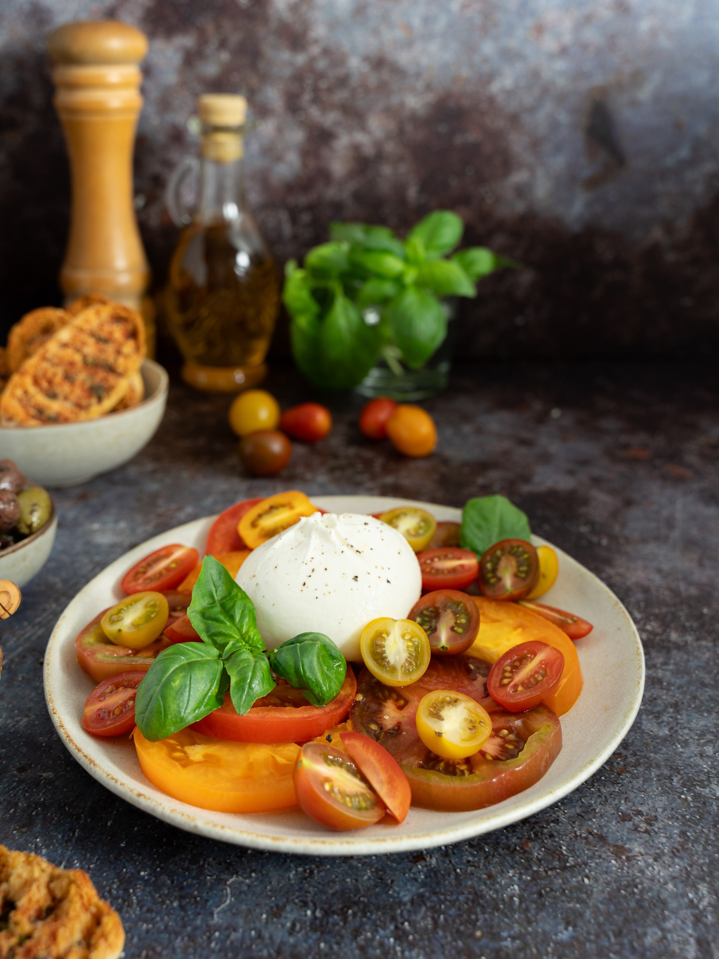 Editorial food photography — Tomato & Basil cluster