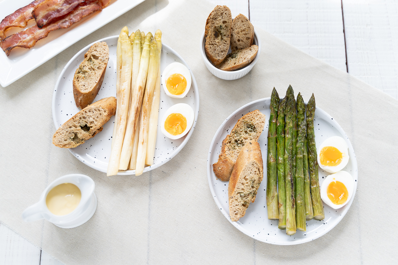 White and green asparagus plates with soft eggs — Green Kitchen