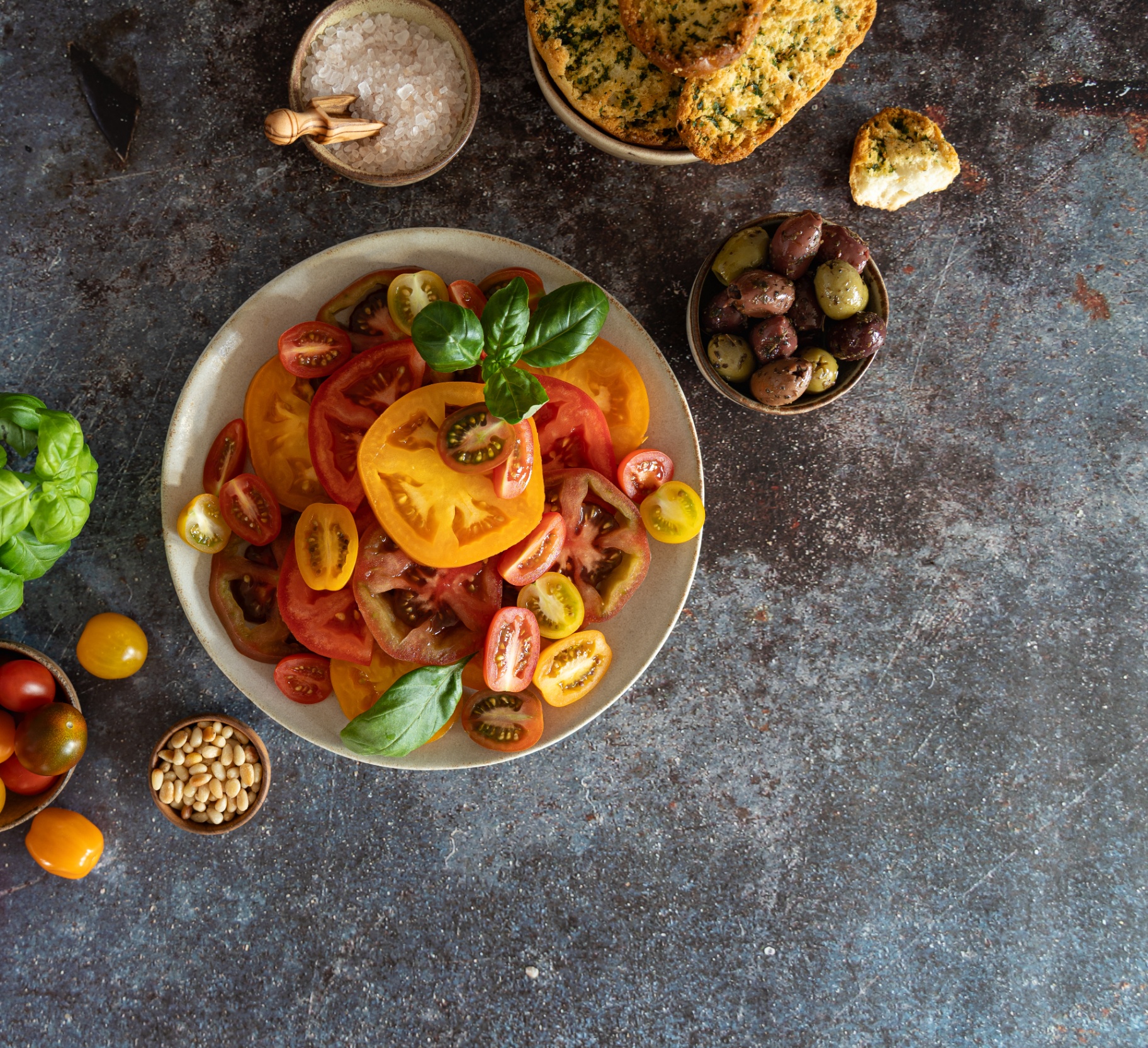 Editorial food photography — Tomato & Basil cluster