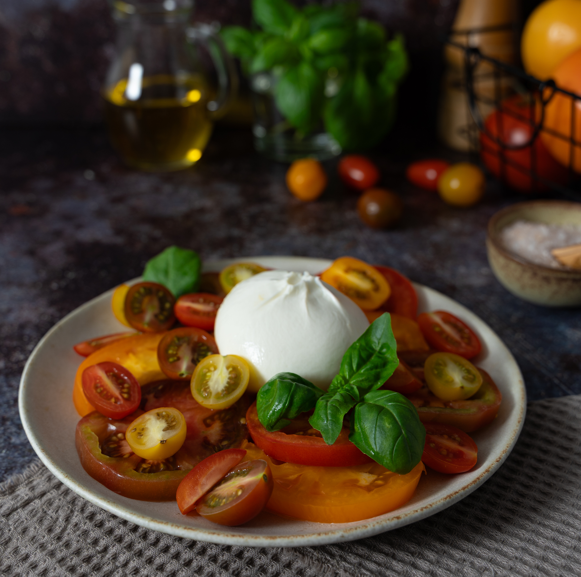 Editorial food photography — Tomato & Basil cluster