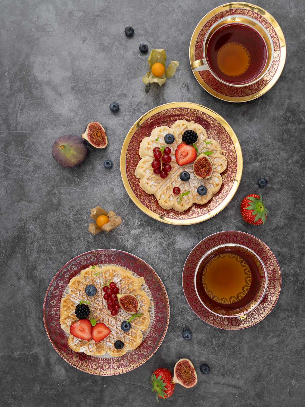 Waffle overhead with tea — Pancakes, Waffles & Berries