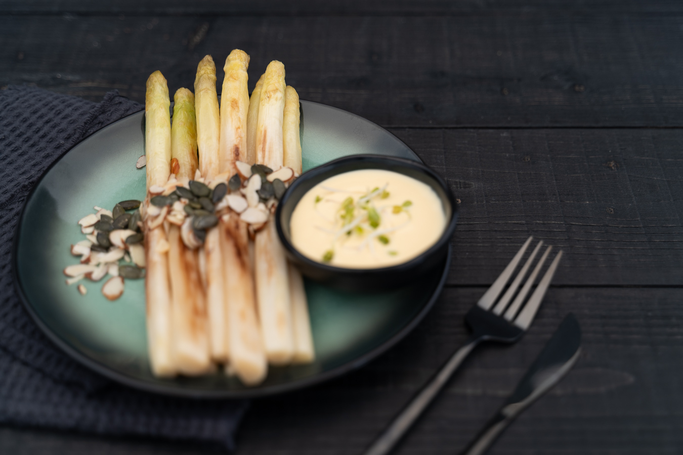 White asparagus on teal plate with hollandaise — Green Kitchen
