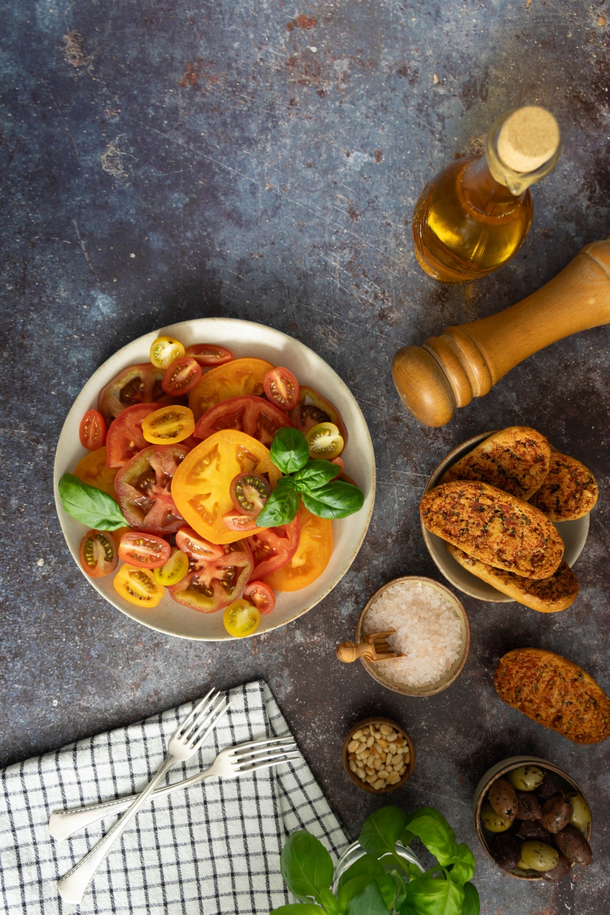 Burrata with tomatoes overhead — Tomato & Basil
