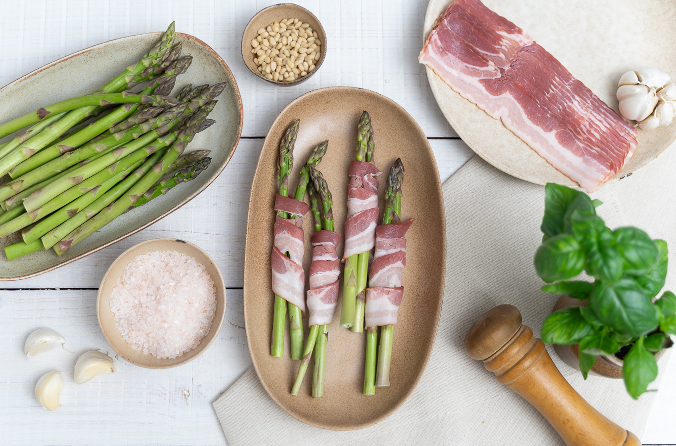 Raw asparagus ingredients spread with basil and bacon — Greens & Salads
