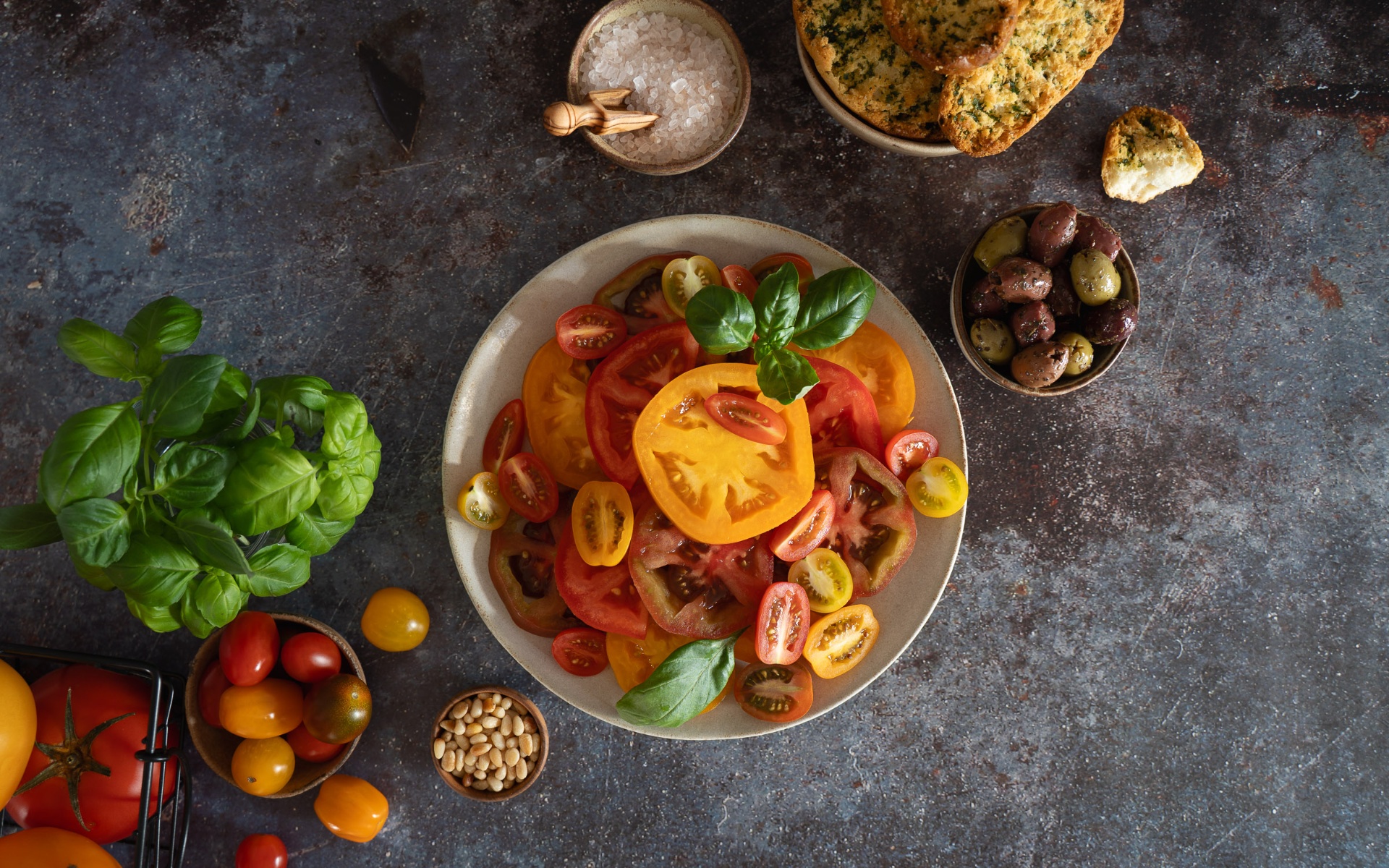 Editorial food photography — Tomato & Basil cluster