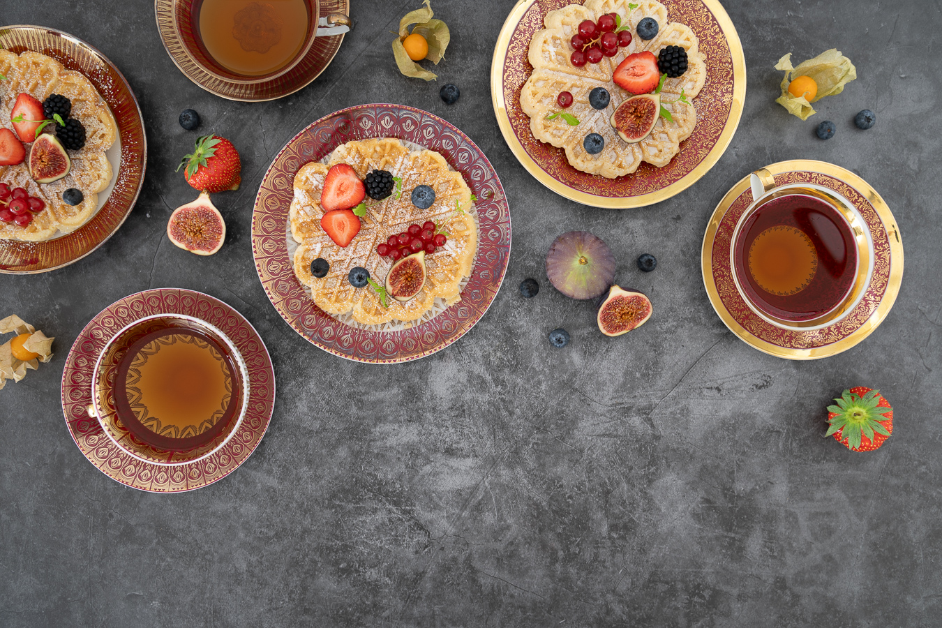 Waffles with plates and tea — Pancakes, Waffles & Berries
