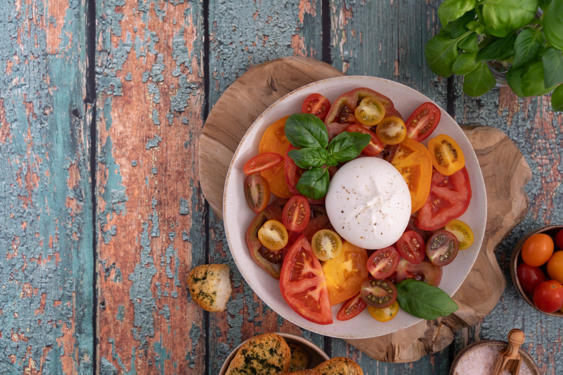 Burrata salad overhead — Tomato & Basil