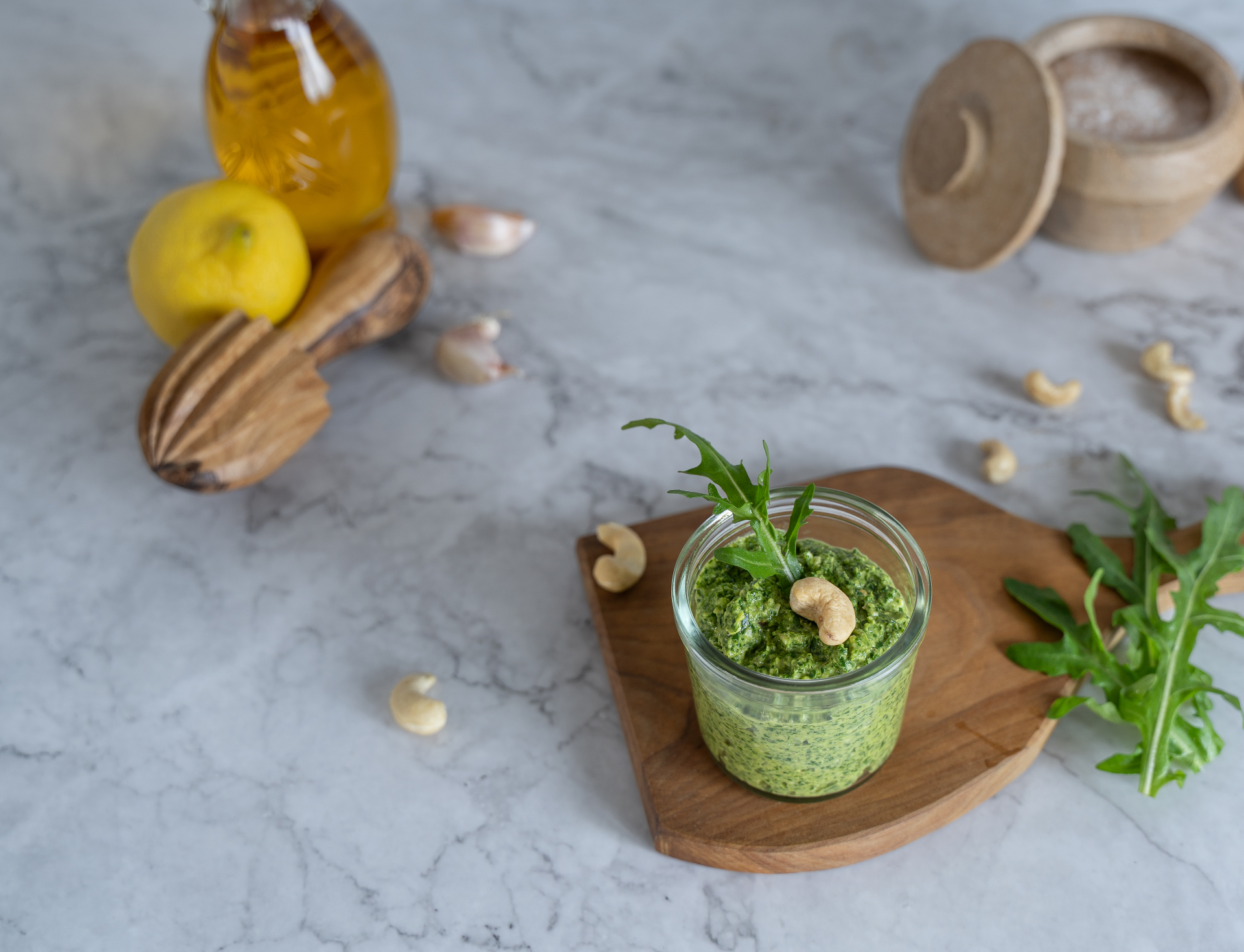 Arugula cashew pesto on marble — Green Kitchen