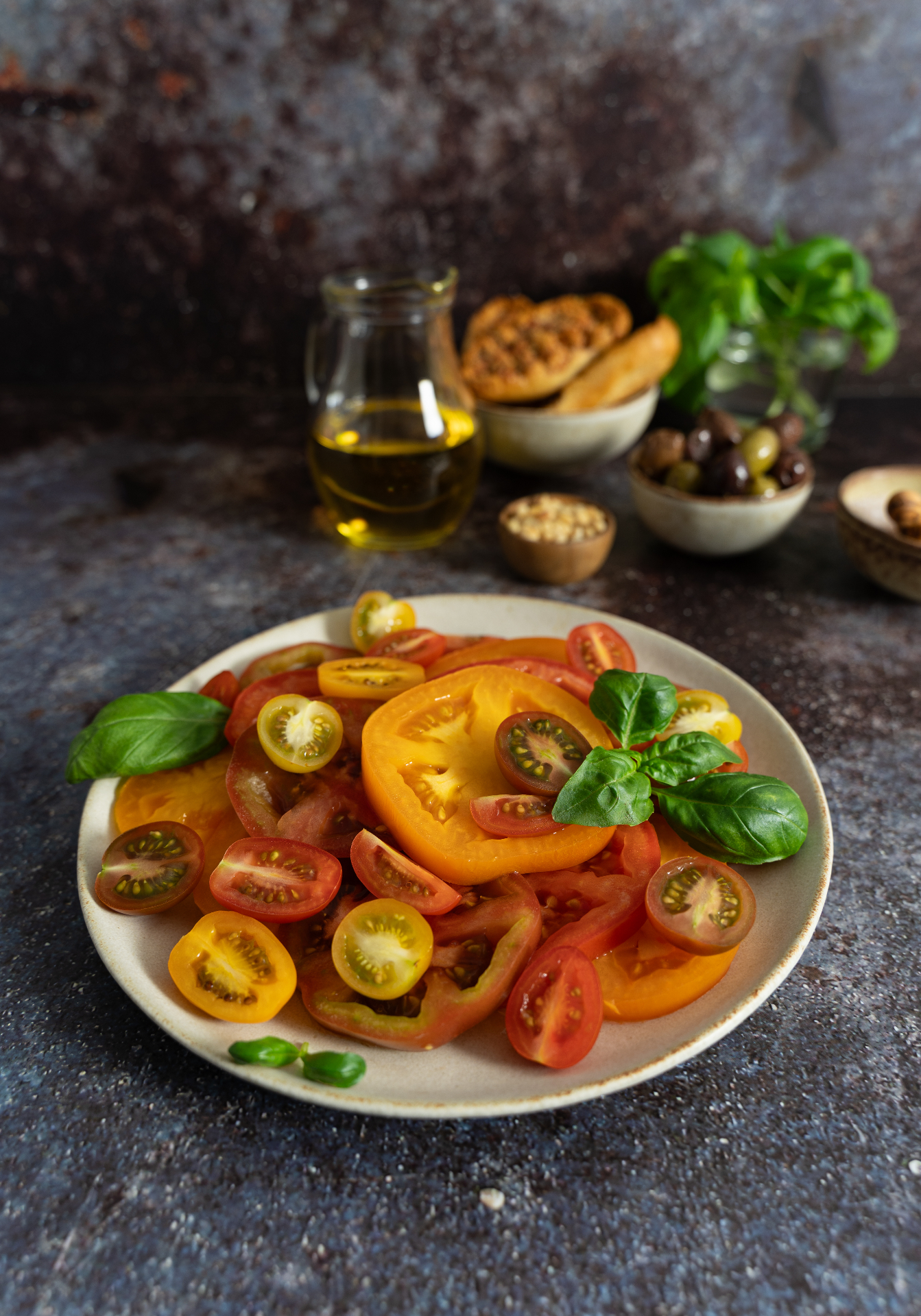 Editorial food photography — Tomato & Basil cluster